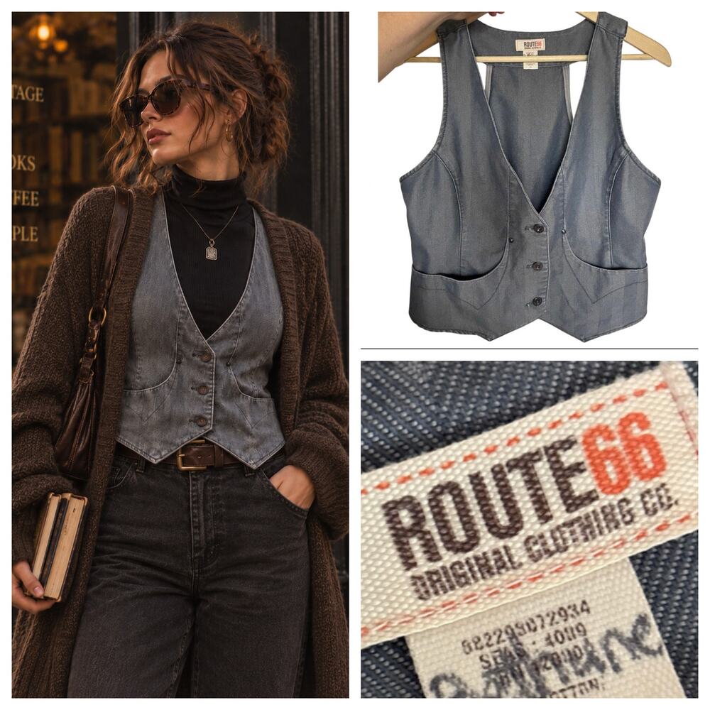Vintage Poetcore Gray Vest Size Large Herringbone Pockets Tie Back Dark Academia
